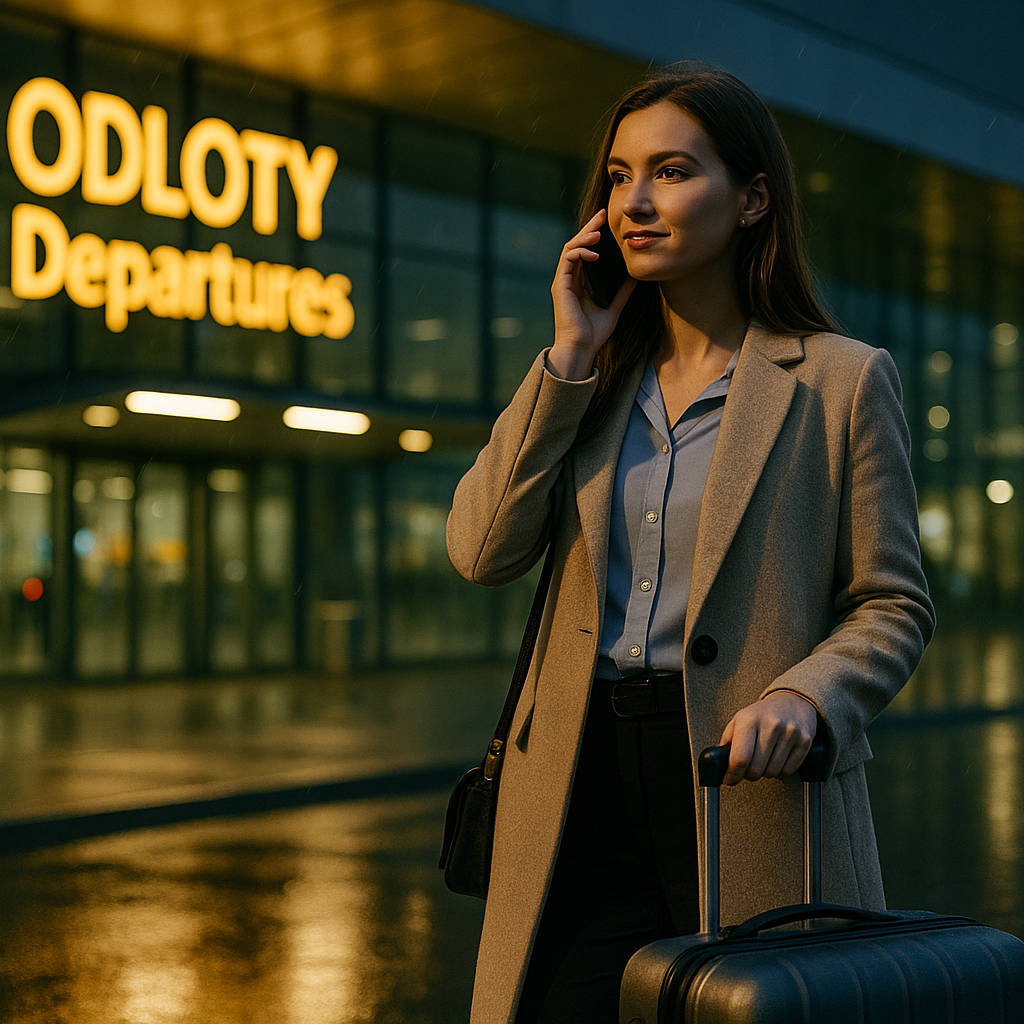 Kobieta zamawia Taxi Przemyśl 24 telefonicznie pod lotniskiem – szybki transfer