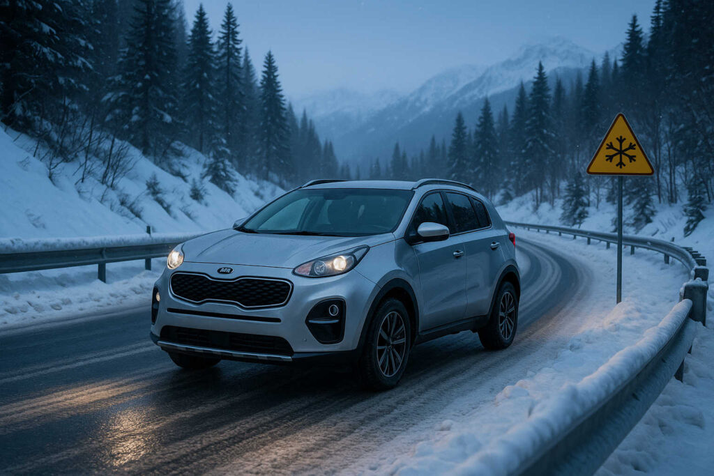Kia Sportage SUV Taxi Przemyśl 24 jadący zimą po oblodzonej drodze – bezpieczny przewóz dzięki nowemu autu i doświadczonym kierowcom
